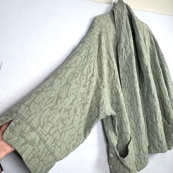 Marla Wynne 3X Linen Pebbled Quilted Jacquard Textured Open Cardigan Topper Sage - Picture 7 of 11